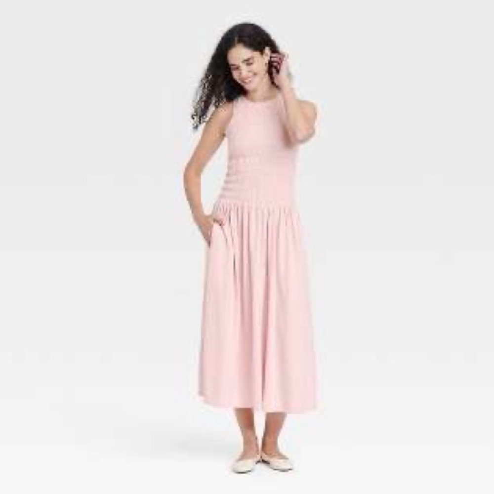 Universal Thread Women's Pink Sleeveless Casual Pleated Smock Knit Midi Dress M